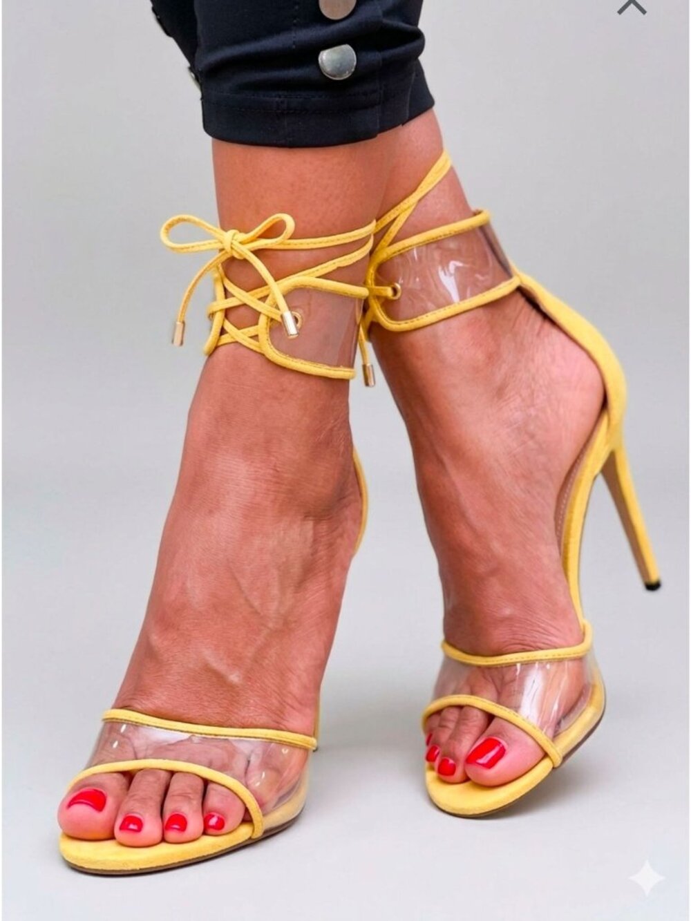 Yellow Lace-Up Clear Strap Stiletto Heels For Women - Elegant High Heel Sandals
